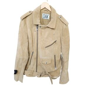 OAK NYC Tan Suede Leather Biker Moto Jacket Belted Mens XL Beige Streetwear